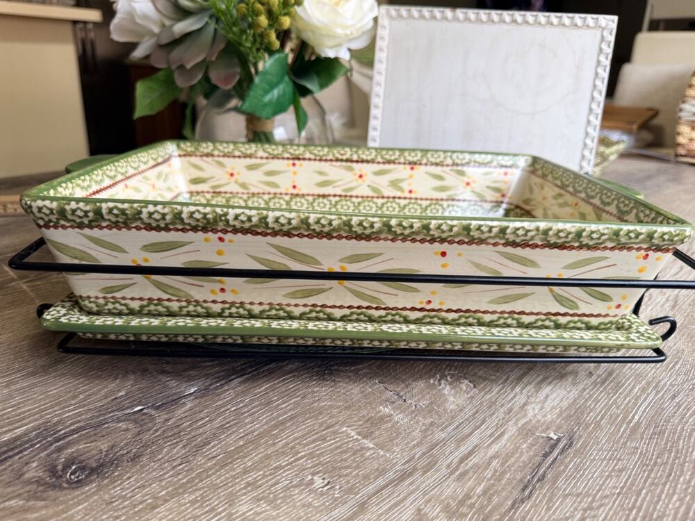 Temp-tations Old World Bakeware Green 4 Qt Rectangle Baking Dish, Trivet & Tray